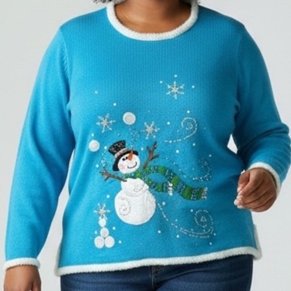 Quackers Factory Snowman Beaded Sequin Christmas Sweater Blue XL‎ - lights